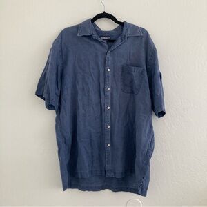 Lands' End 100% Linen Short Sleeve Button Down Shirt Blue Beach Men's Large